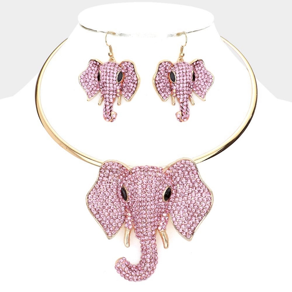 Pink Elephant Pendant Charm Choker Necklace Statement Crystal Rhinestone Chain
